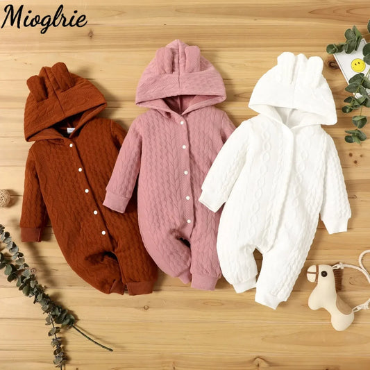 0-18 Month Newborn Baby Romper Boys/Girls Cute Ears Solid Hooded Long Sleeve Baby Bodysuit Clothes