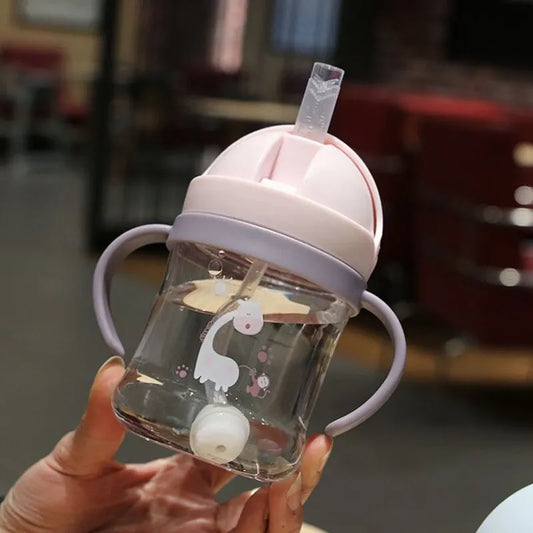 250ml Pink Baby Drinking Cup Feeding Bottle With Straw Gravity Ball Drinking Milk Water Bottle With Handle